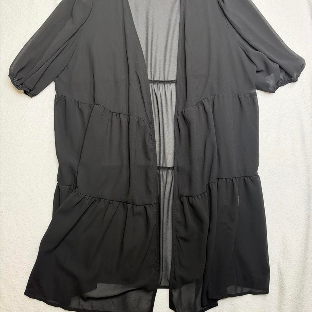 Shein black sheer open front cardigan with ruffled tiers